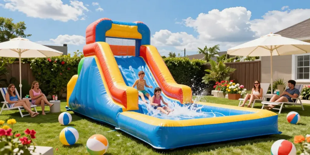 Excited children sliding down a colorful inflatable water slide into a splash pool on a sunny day.
