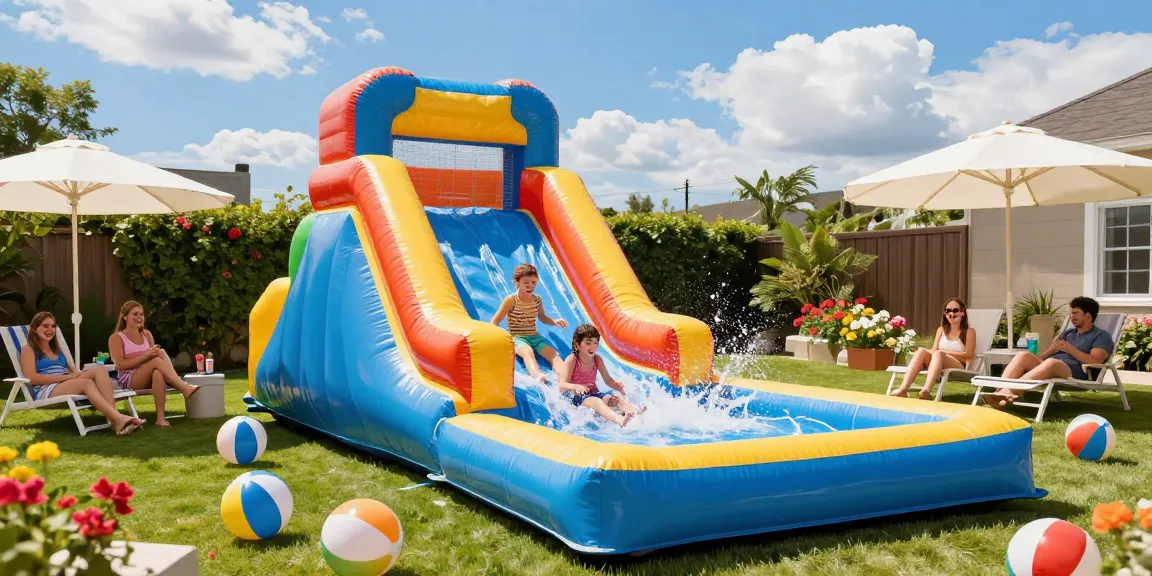 Excited children sliding down a colorful inflatable water slide into a splash pool on a sunny day.