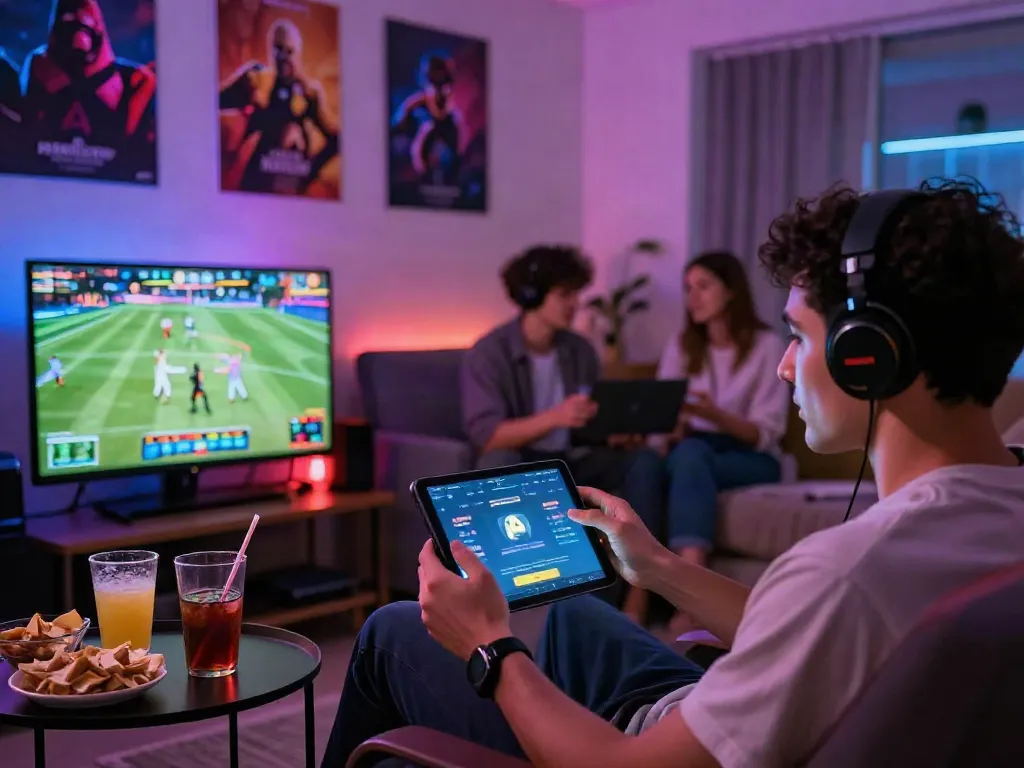 Engaging user enjoying M88 link mobile platform in cozy gaming lounge atmosphere with friends, snacks, and vibrant game displays.
