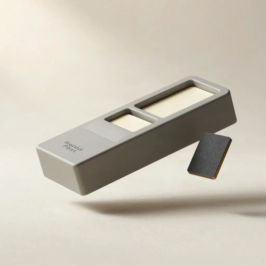 Floating graphite scheduler block with blank cards and workflow chip on off-white studio sweep.