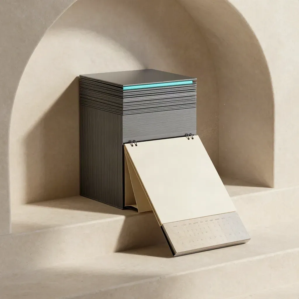 Stacked software bundle modules on plaster steps in sunlit stone niche
