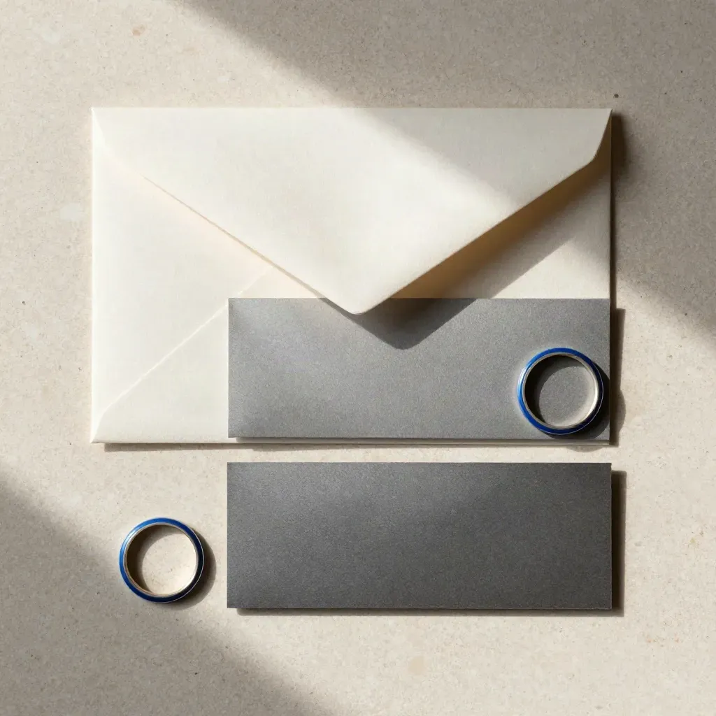 Top-down premium workflow flat lay on travertine with graphite slabs, a paper wrapper, and a cobalt ring.