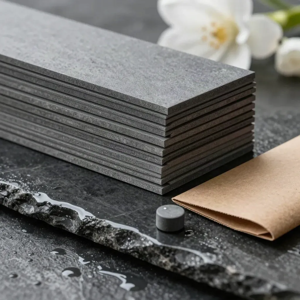Macro of stacked scheduling tiles on wet black stone beside a kraft sleeve and graphite puck.