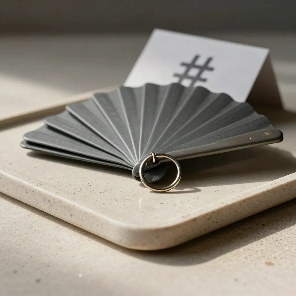 Hashtag template set in a slate tray with rounded tabs and a tiny ring on travertine.