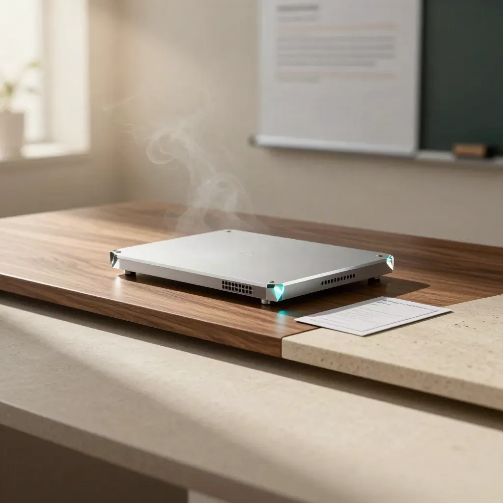 Slim analytics module with prism and blank cards on brushed aluminum in soft daylight.