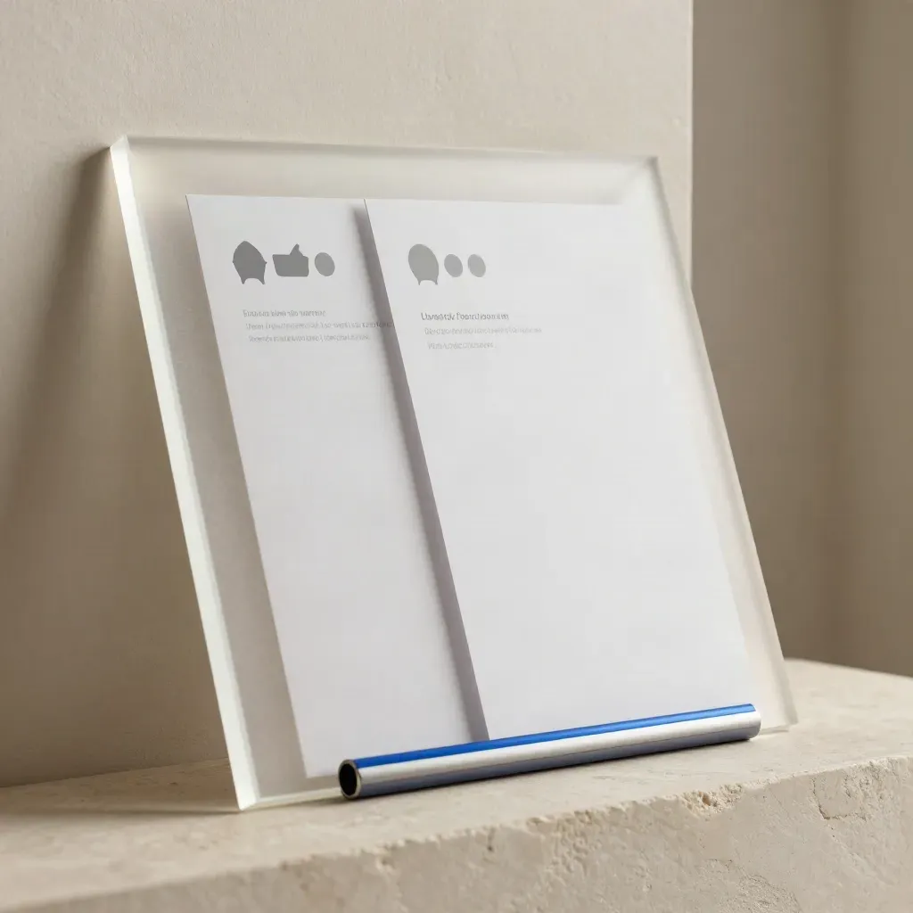 Frosted acrylic review panel with two cards and a cobalt clip bar against plaster.