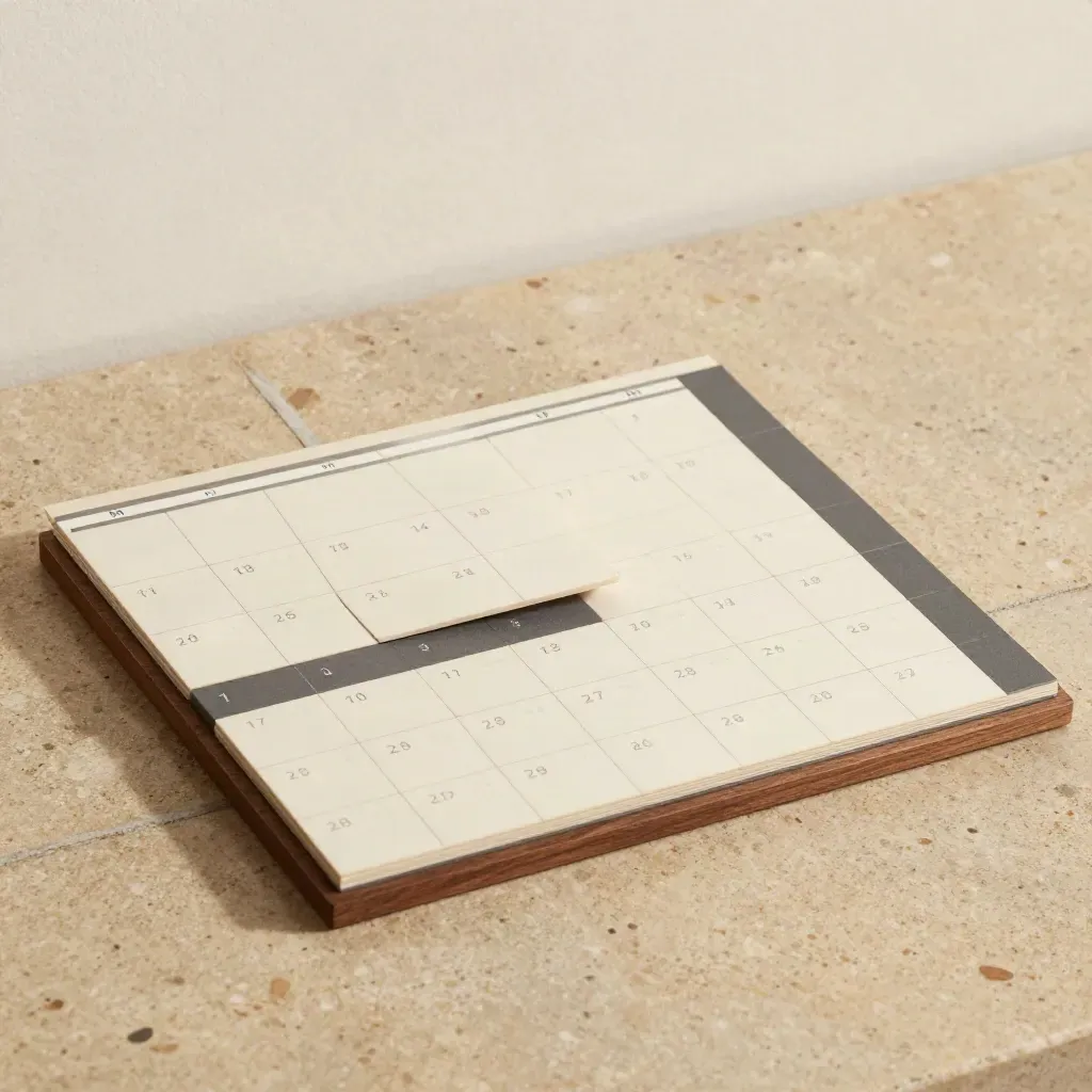 Calendar tiles on warm stone with two strips and a marker