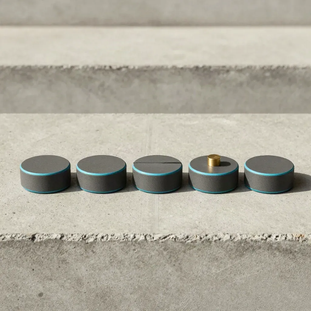 Five extra-seat tokens lined on chalky concrete with brass spacer and cyan accent