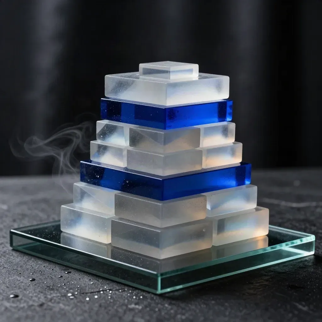 Dark studio still life of stacked plan blocks, approval chips and analytics prisms in a cobalt beam