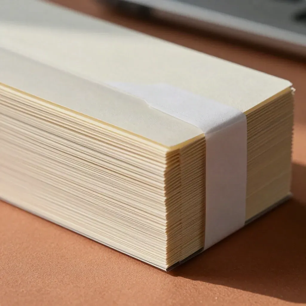 Macro of a translucent import card bundle and white spacer on terracotta surface.