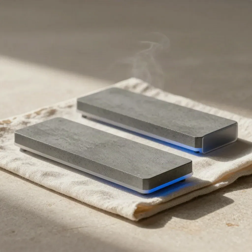 Two offset scheduler slabs linked by a translucent bridge on brushed concrete with soft blue accent.