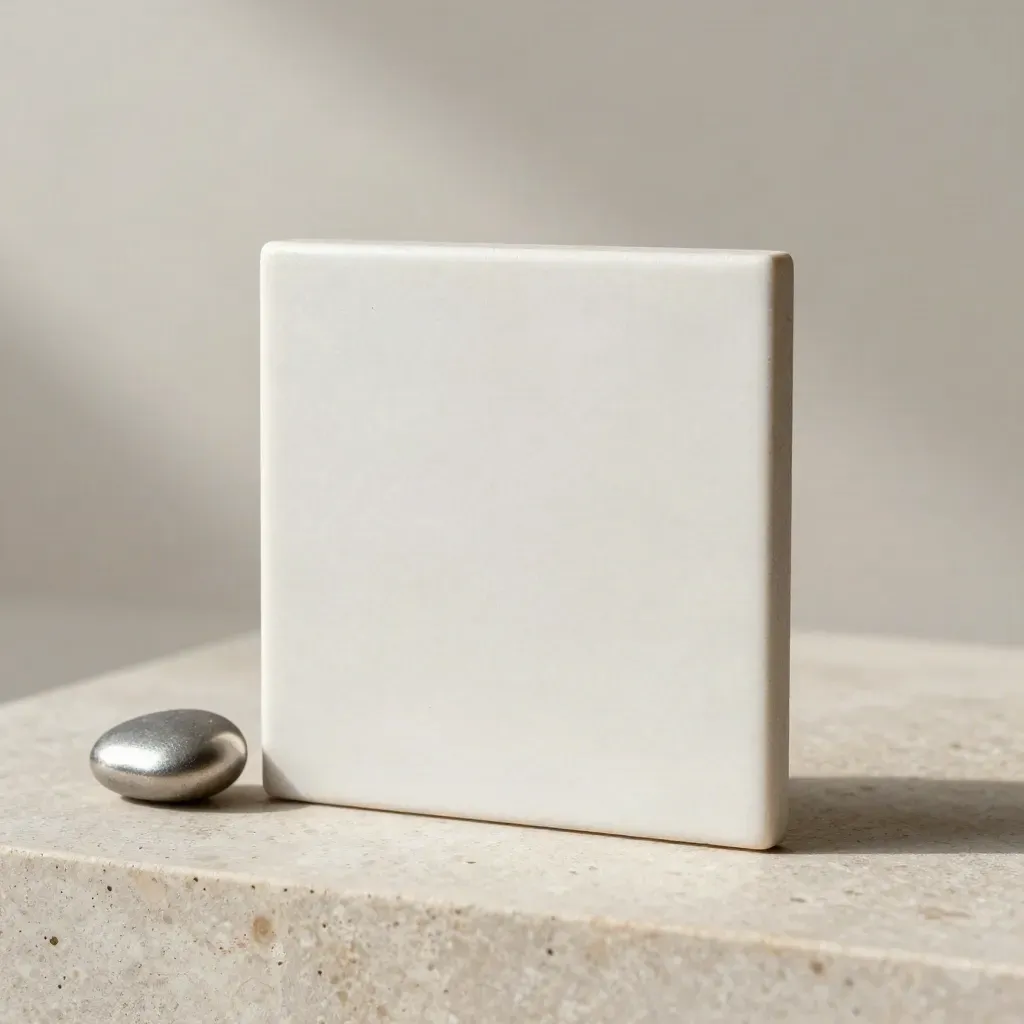 Slender scheduler tile on pale travertine with a tiny pebble under soft studio light.