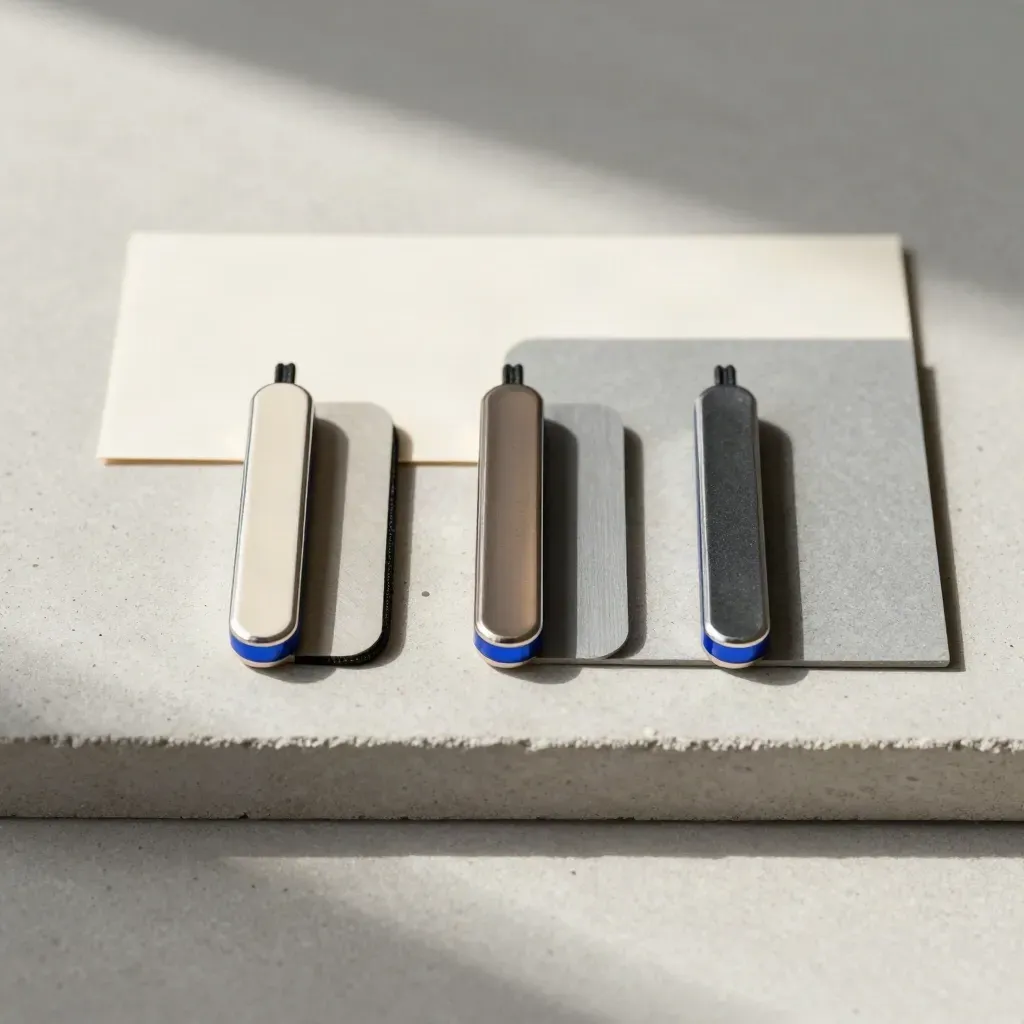 Three review seat tokens, a spare band and divider arranged in a precise overhead row.