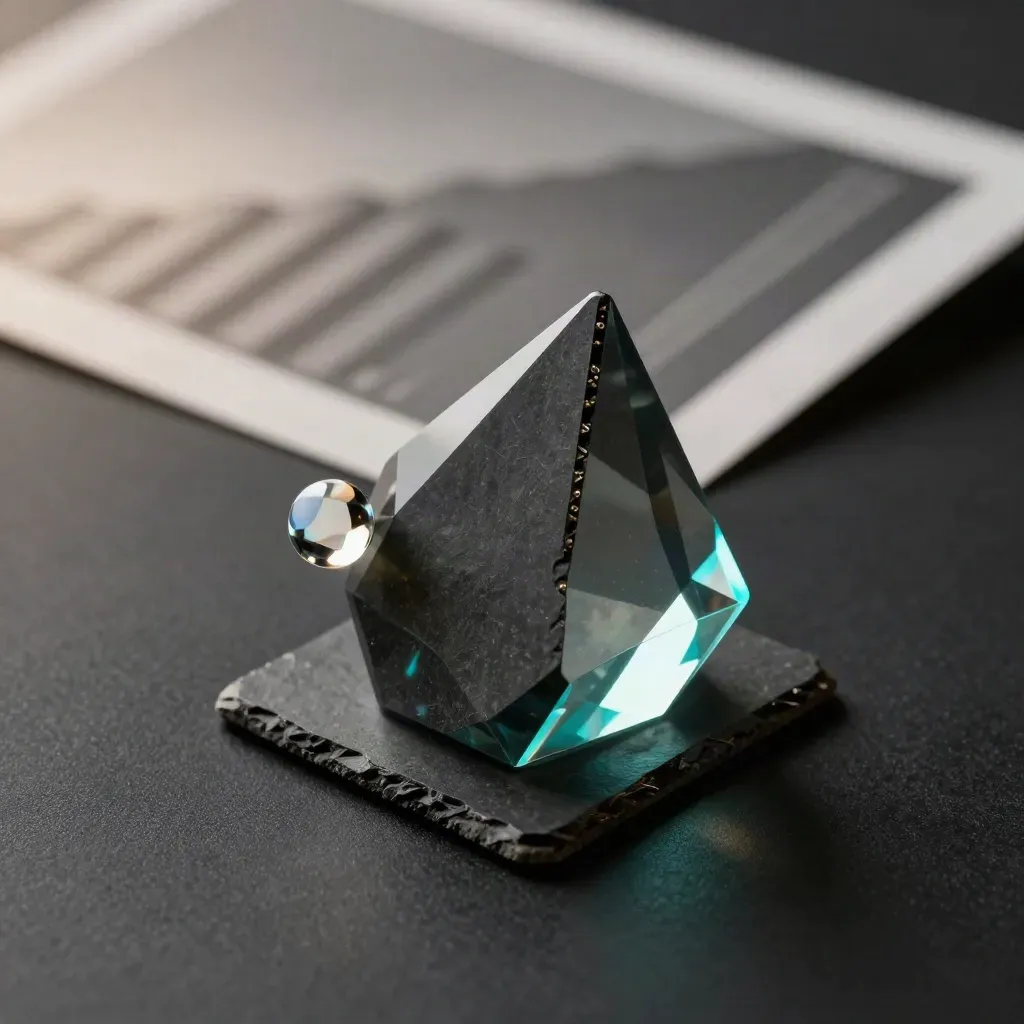 Dark analytics prism with cyan glow and base tile on matte-black surface, low dramatic studio light.