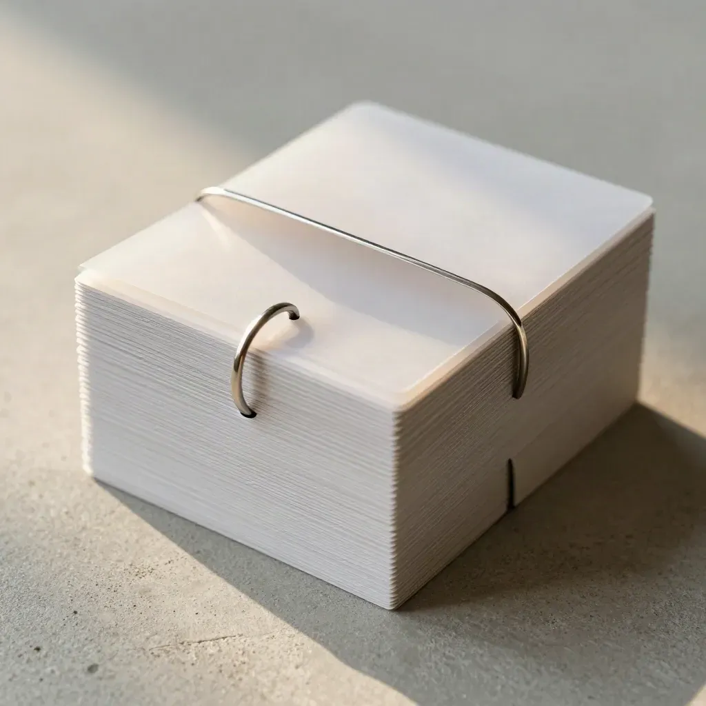 Macro of a translucent sleeve fan of blank template cards with a slim ring on cool concrete.