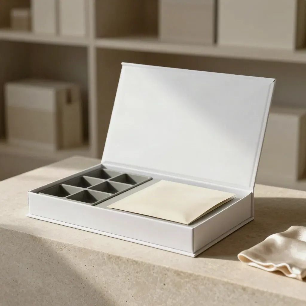 White label kit with modular inserts, blank sleeve and satin cloth on stone in a studio.