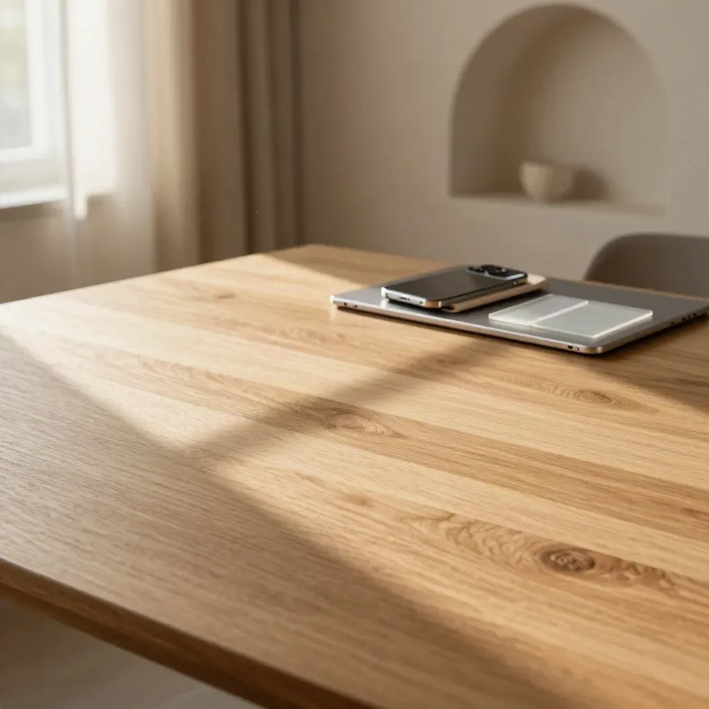 Oak tabletop with tablet, phone, frosted tiles, and soft morning light by a linen curtain
