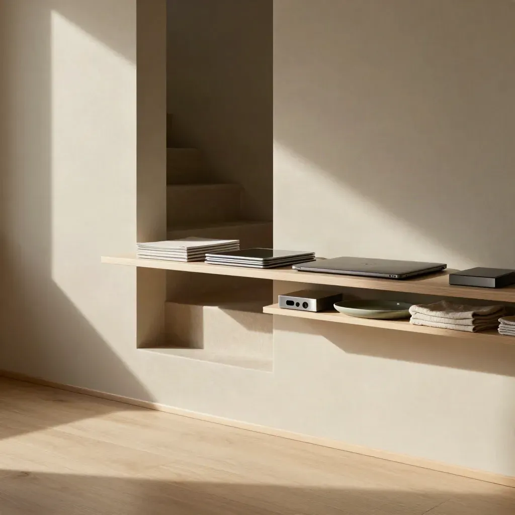 Plaster stair landing with a shelf of devices, sunlight, haze, and a shadowed doorway.