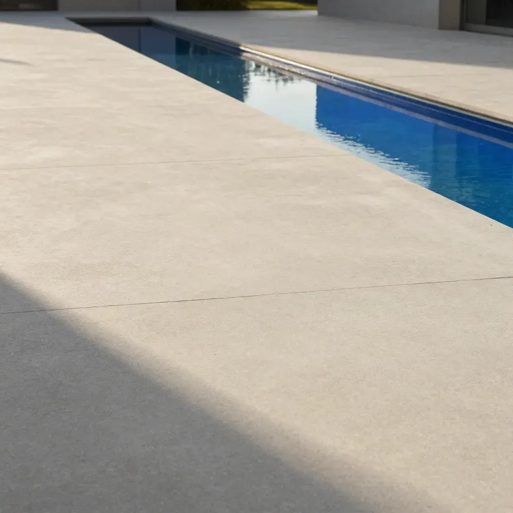 Sunlit concrete courtyard with water runnel and glass edge, calm copy space