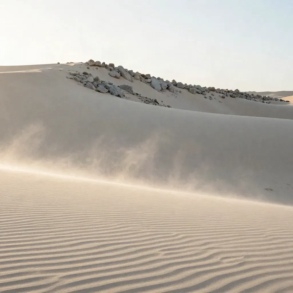 Sunlit sand shelf with wind ripples and a stone ridge under a pale sky at sunrise.
