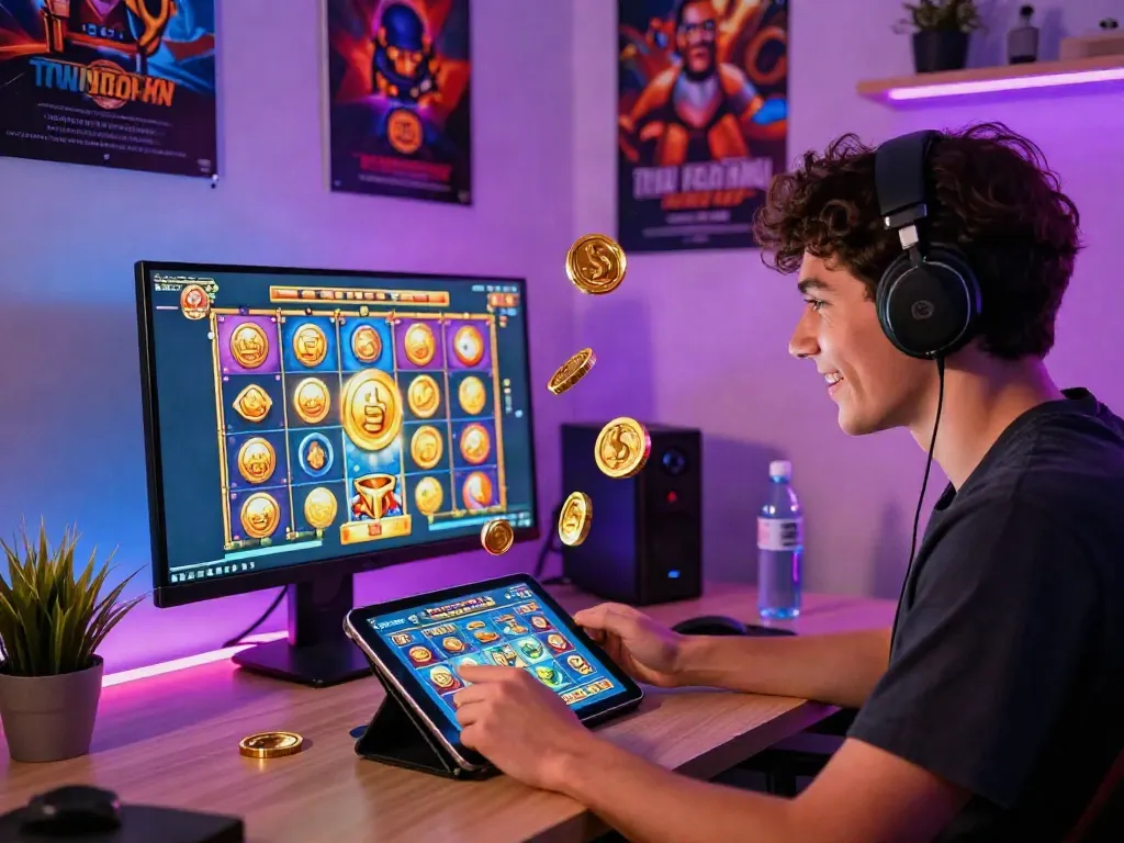 Player enjoying situs slot gameplay on a tablet surrounded by colorful slot icons and coins.