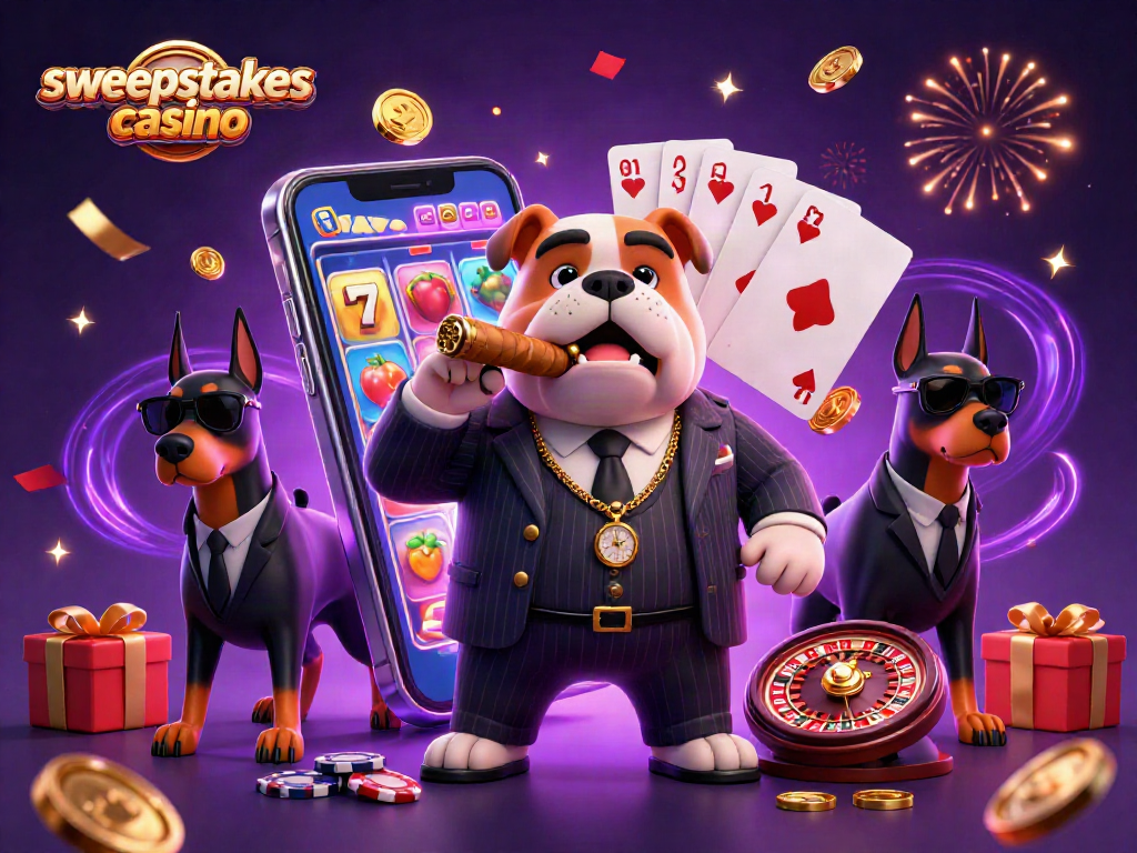 Engage in exciting action at sweepstakes casino with a mafia boss bulldog and bodyguard Dobermans.