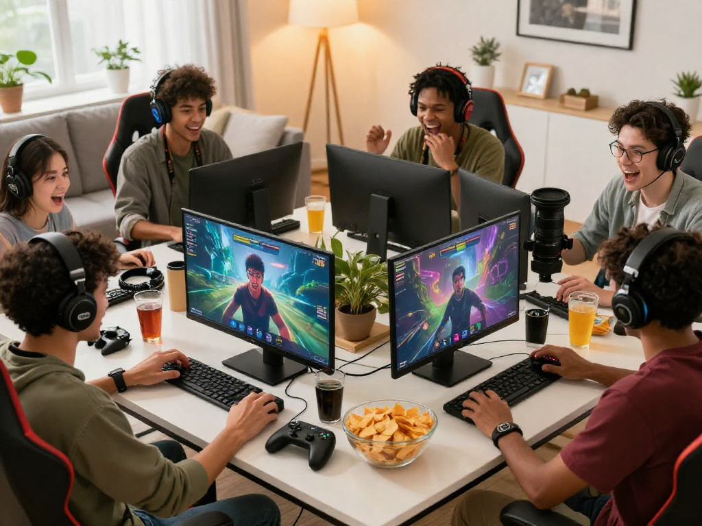 Friends enjoying rokok 88 online gaming in a cozy and vibrant living room.