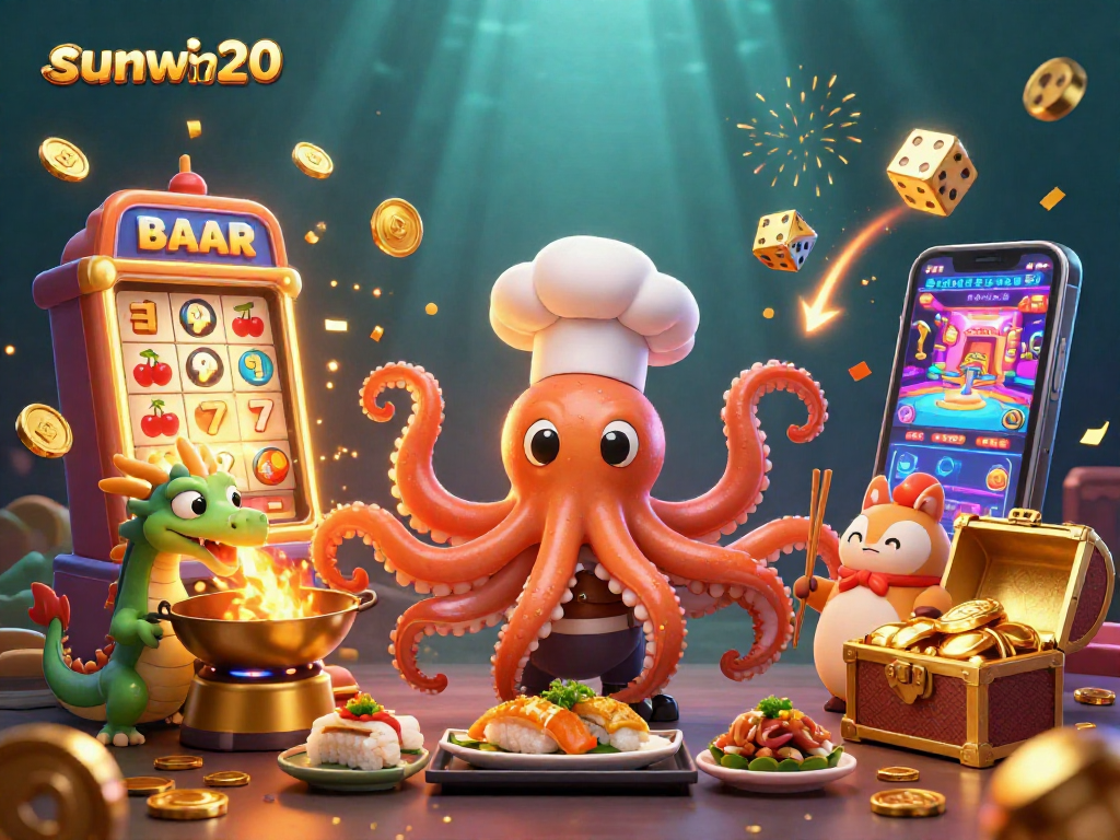 Experience sunwin20 with vibrant characters and casino-themed elements in this rich 3D illustration.