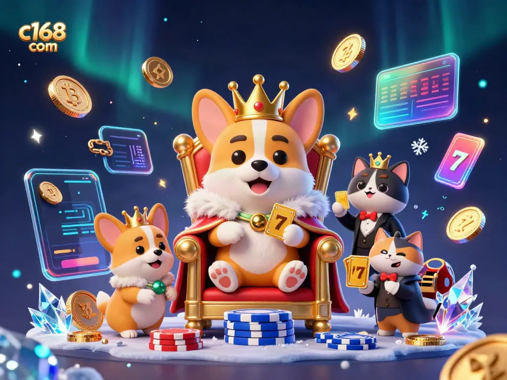 Experience the vibrancy of c168 com with a royal corgi surrounded by Bitcoin and slot reels in a vivid casino scene.