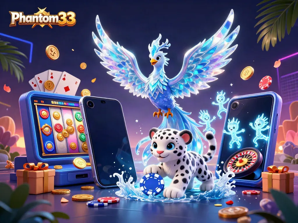 Experience immersive gaming with Phantom333 featuring a vibrant 3D casino scene of exciting characters and elements.