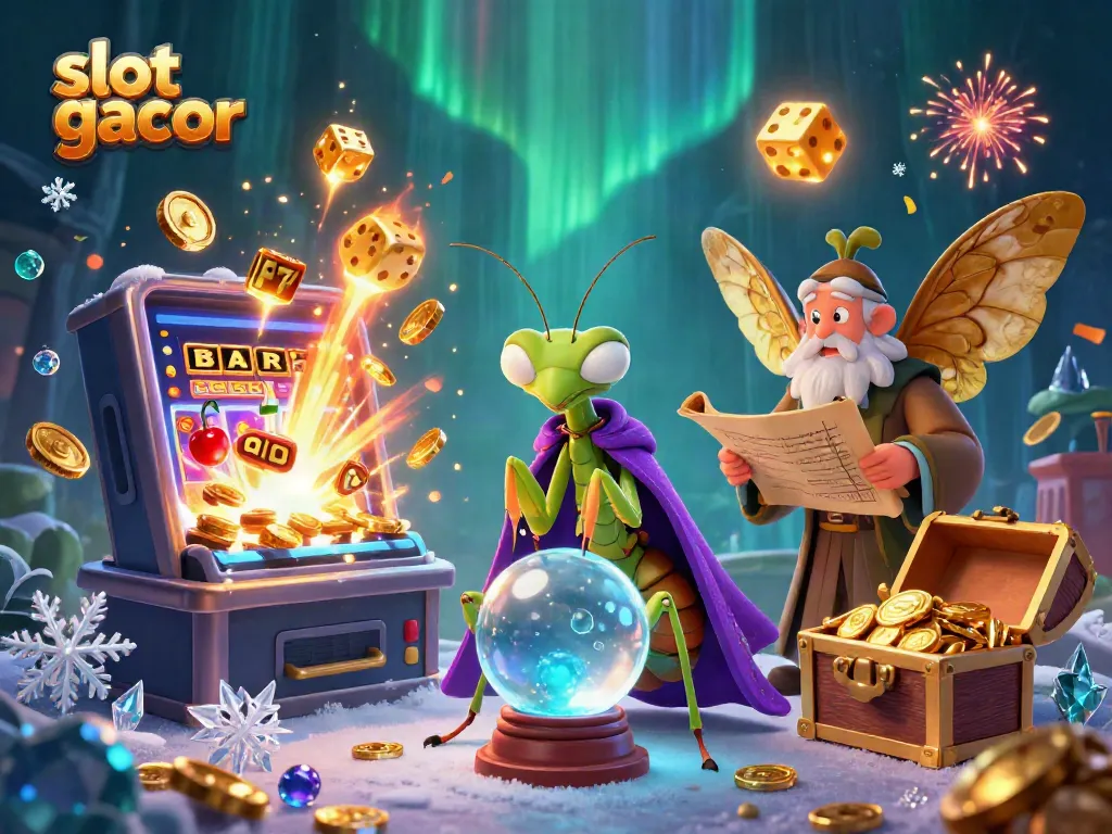 Engage in slot gacor excitement with a vibrant digital illustration of fortune tellers, slot machines, and falling coins.