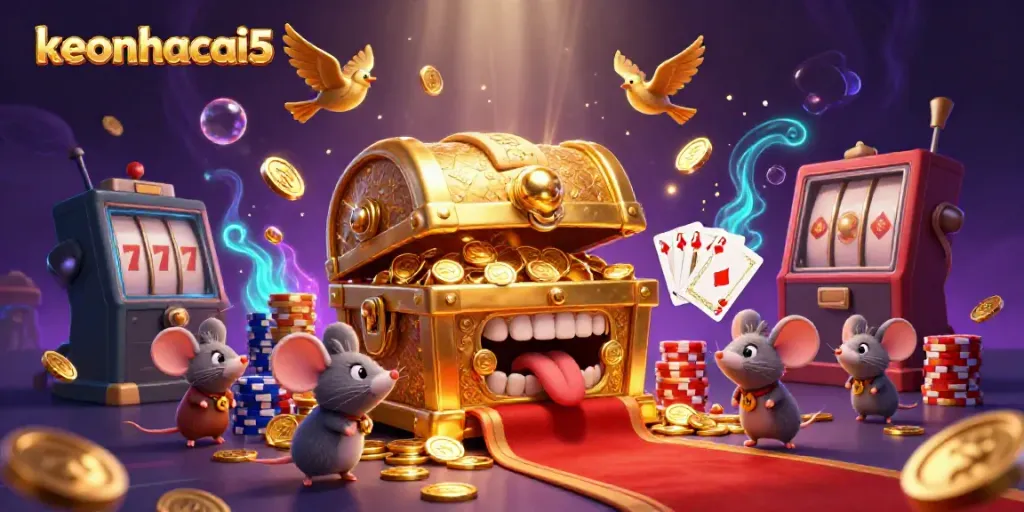 Engaging illustration showcasing keonhacai5, a lively treasure scene with golden coins and dynamic gaming elements.