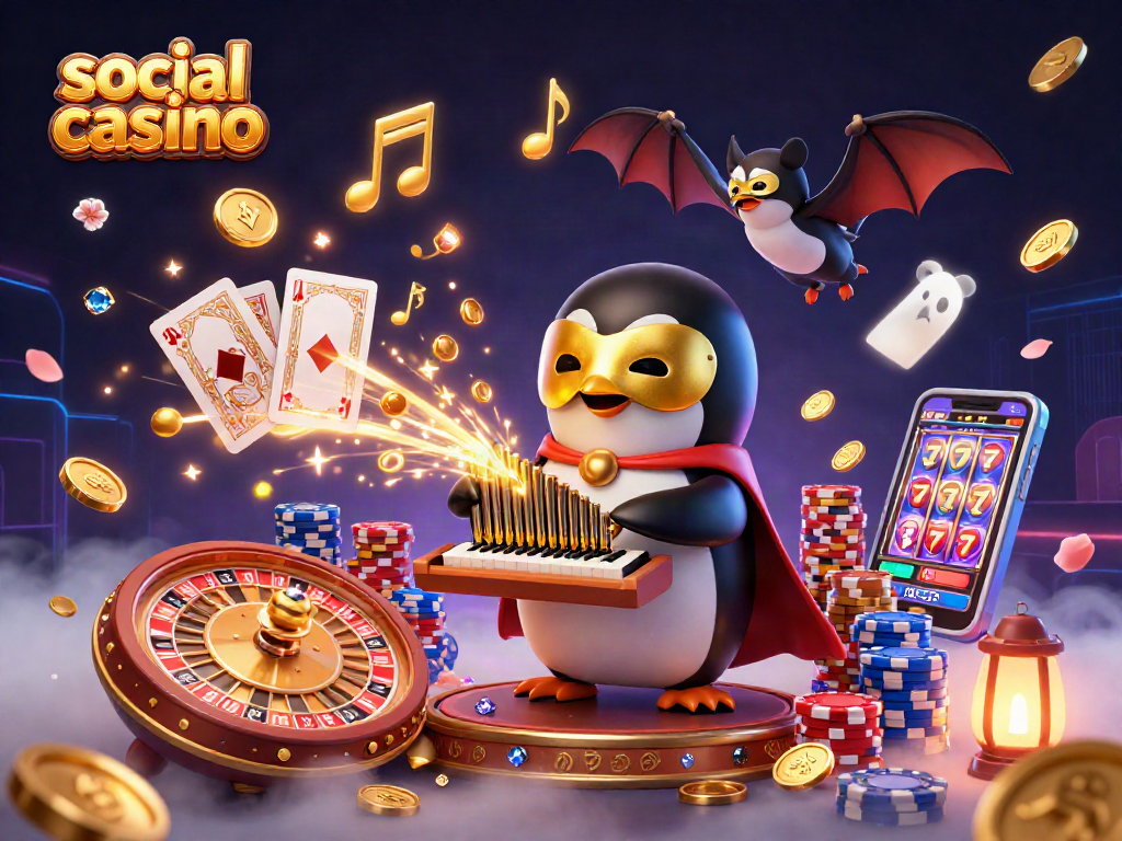 Engage in a thrilling social casino experience with a vibrant 3D scene of gaming elements.