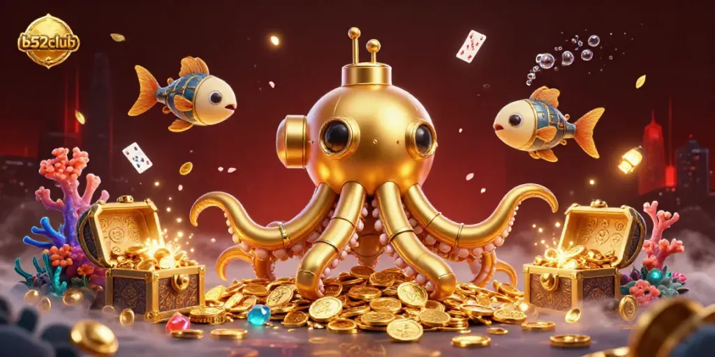 B52club offers thrilling underwater casino adventures with a golden kraken amidst treasures and playing cards.