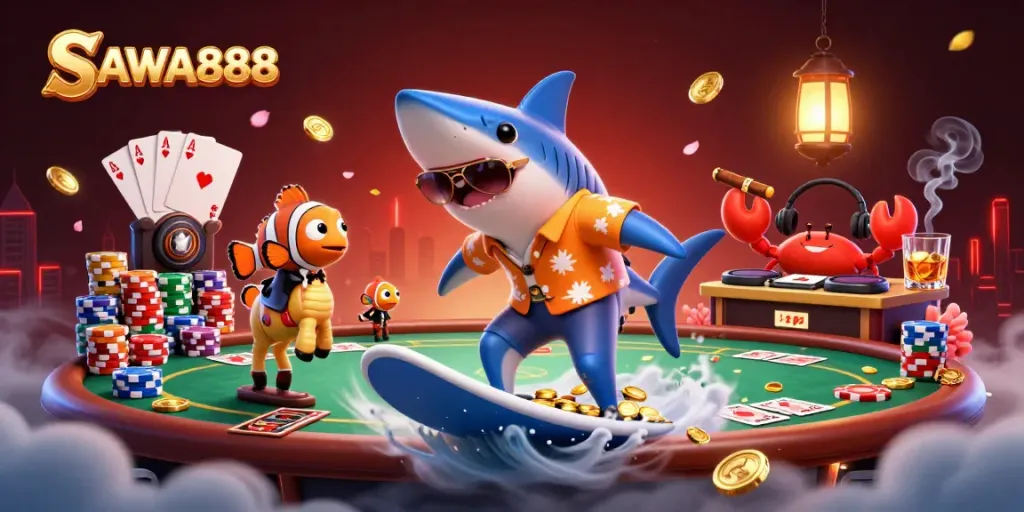 Engage in thrilling poker action with SAWA888 in a vibrant casino scene featuring sea characters.