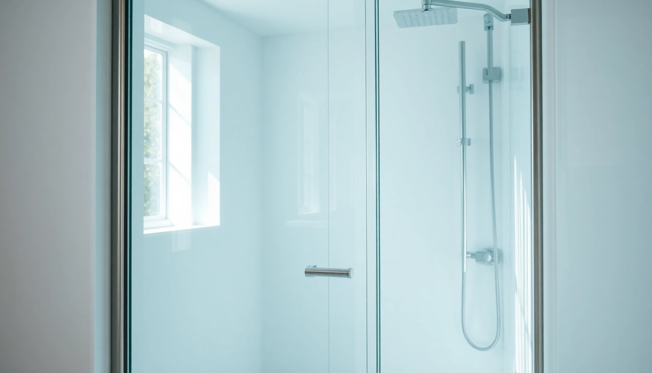 View of sleek shower doors sliding gracefully in a modern bathroom setting, emphasizing elegance and functionality.