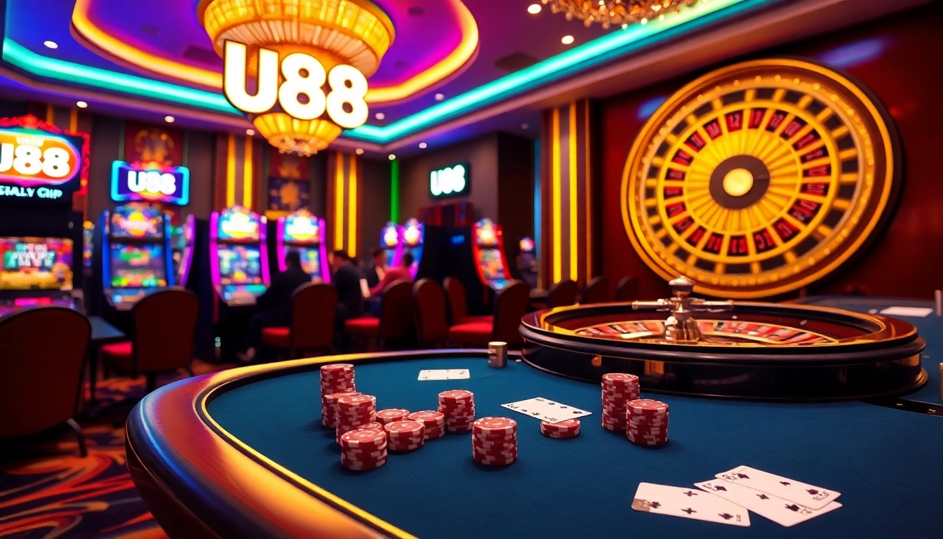 Experience the thrill of gambling at U88 with vibrant casino tables and engaging players.