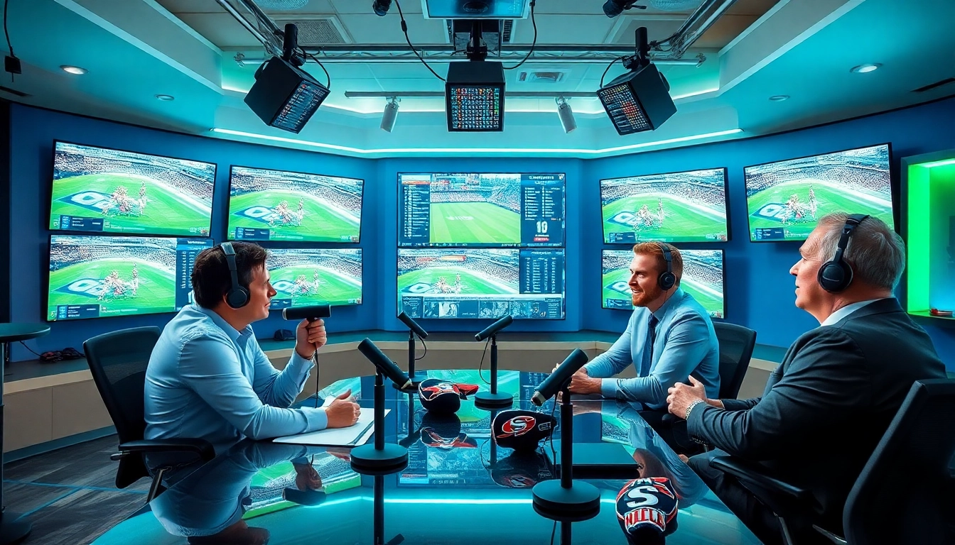 Captivating scene of sports broadcasting with hosts discussing live events and stats.