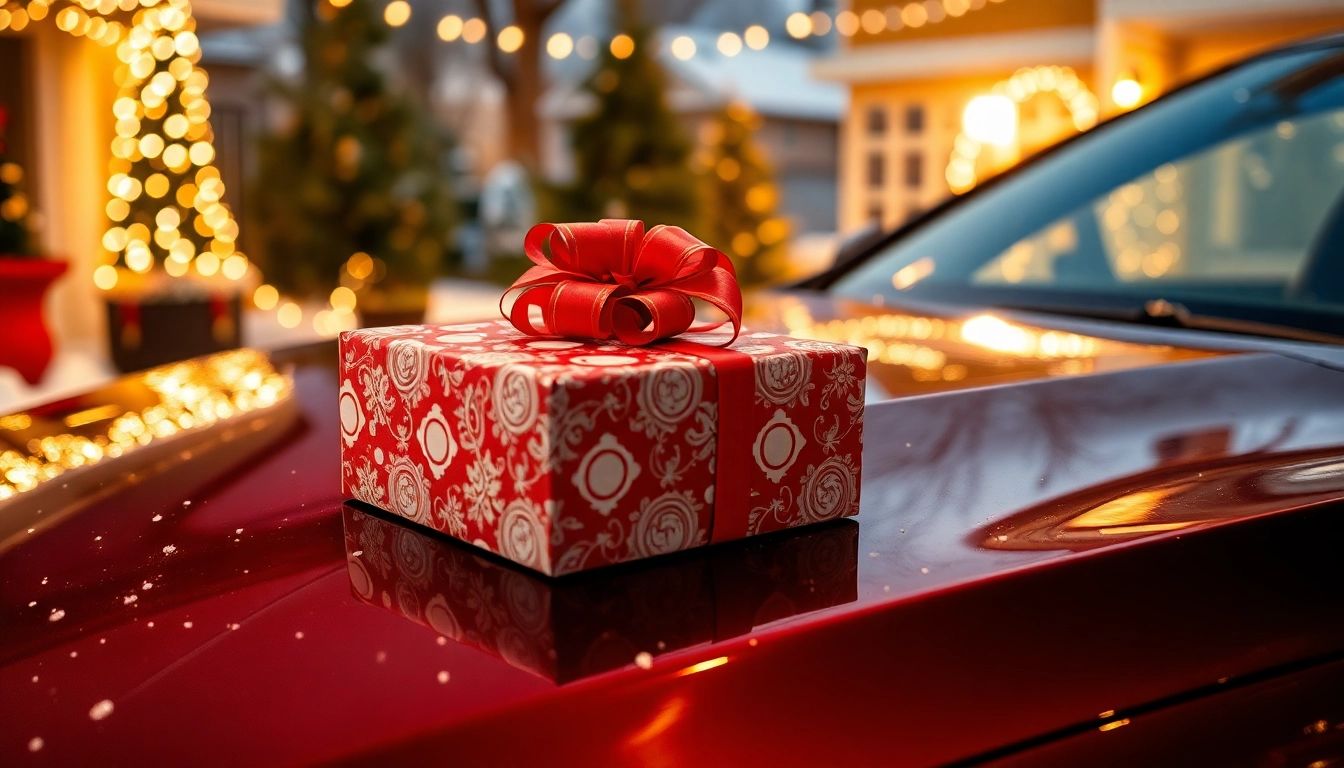 Gift of Christmas car detailing gift placed on a shining vehicle in a festive setting.