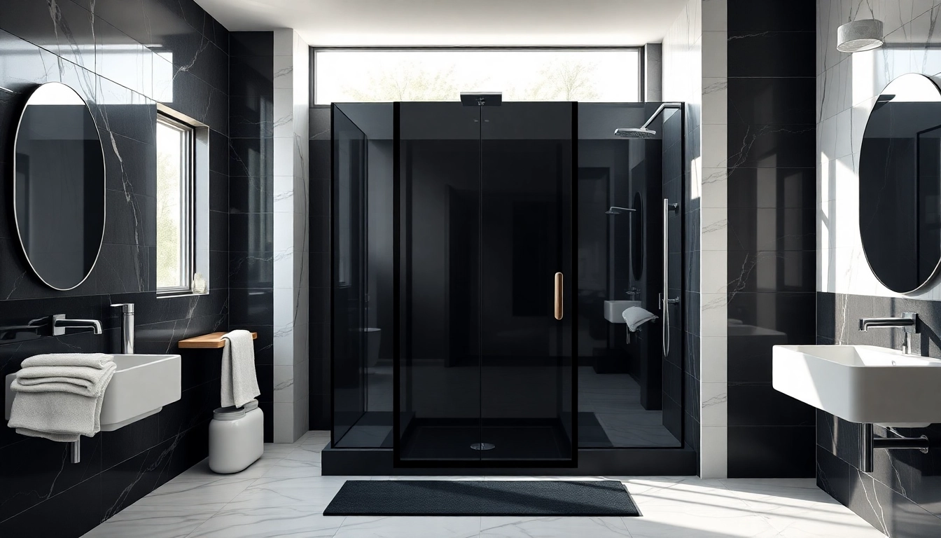 Stylish black shower door in a modern bathroom setting with elegant decor and natural sunlight.