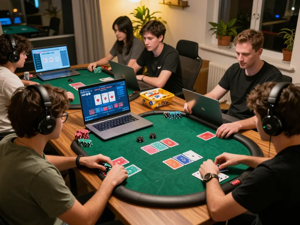 Players engaging in a virtual man club poker tournament from home, showcasing an exciting gambling atmosphere