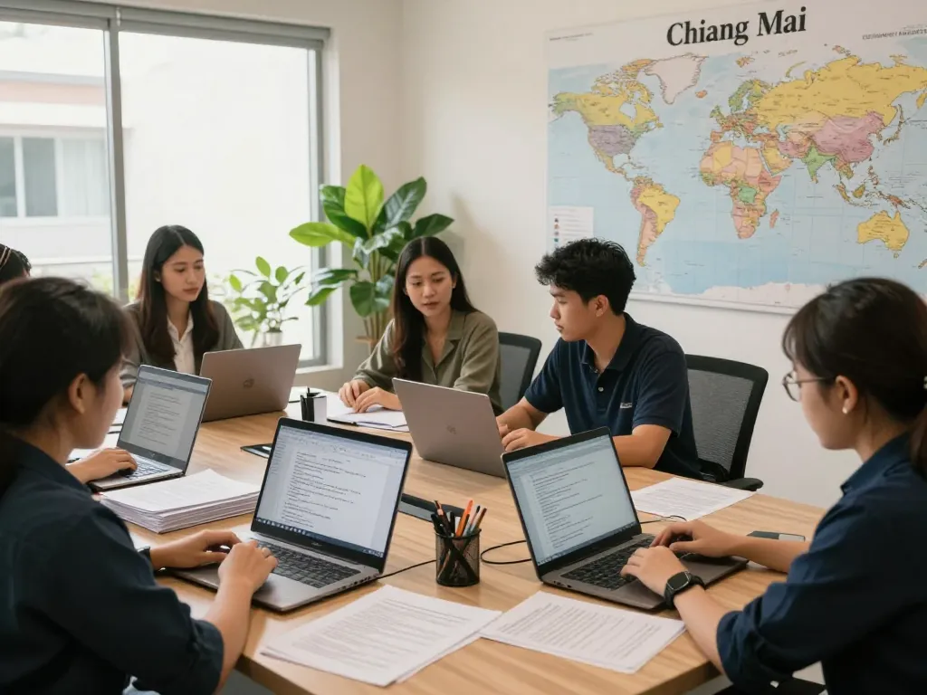 Translation Services in Chiang Mai team collaborating on certified document translations in a bright office.