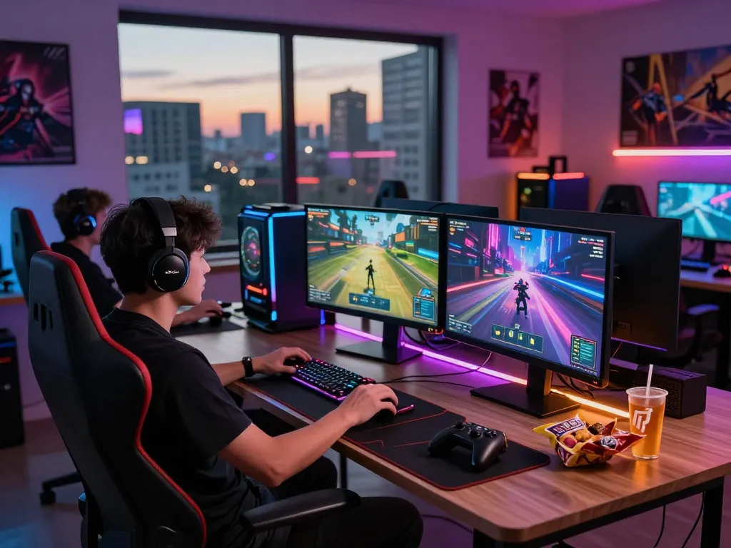 Gamer enjoying the sun win experience in a vibrant urban setting with multiple monitors and gaming accessories.