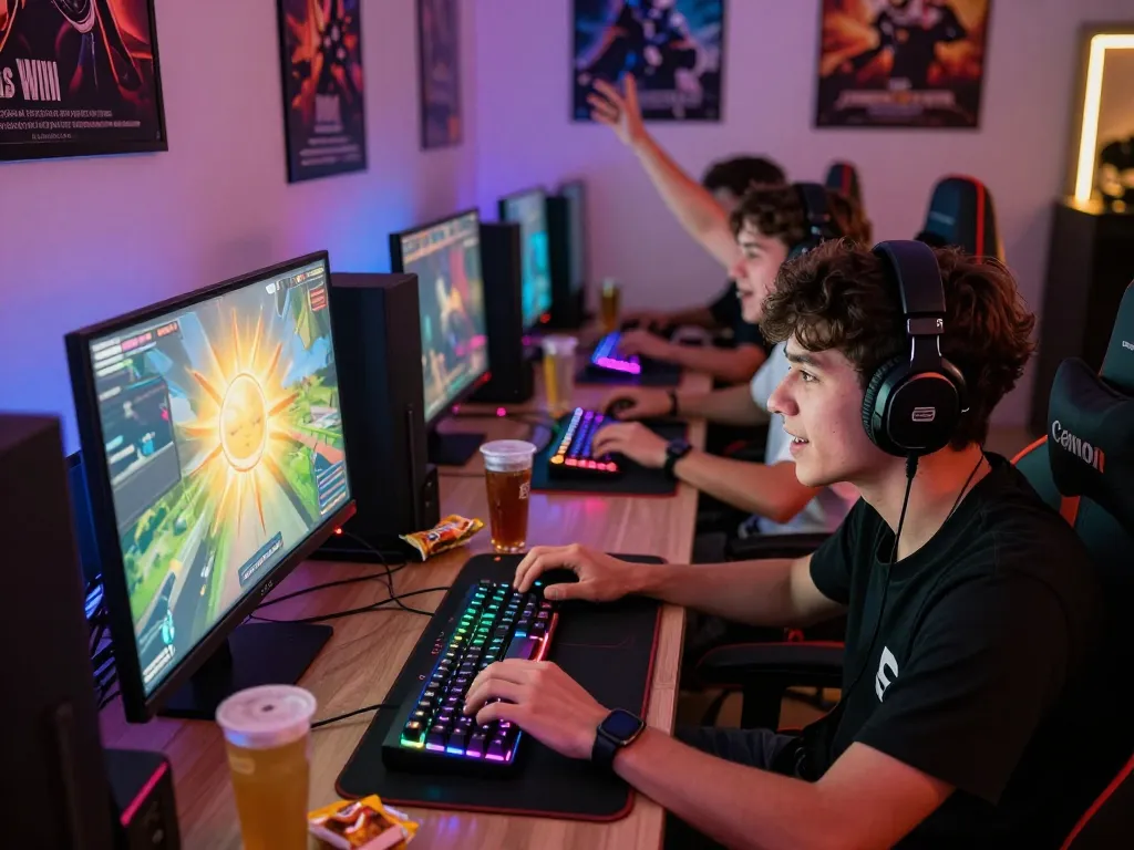 Exciting gaming session showcasing sun win gameplay with friends and colorful setup.