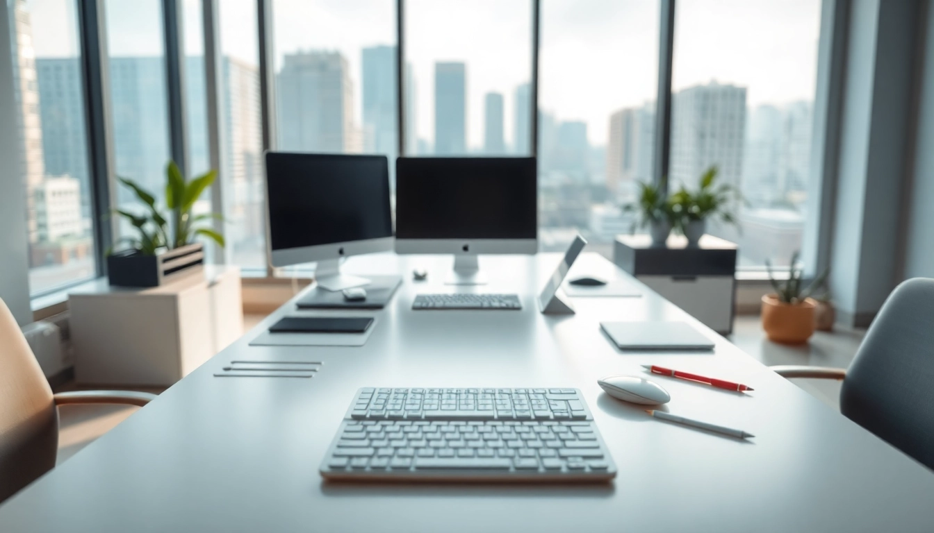 Efficient workspace in a typing center equipped with modern computers and tools.