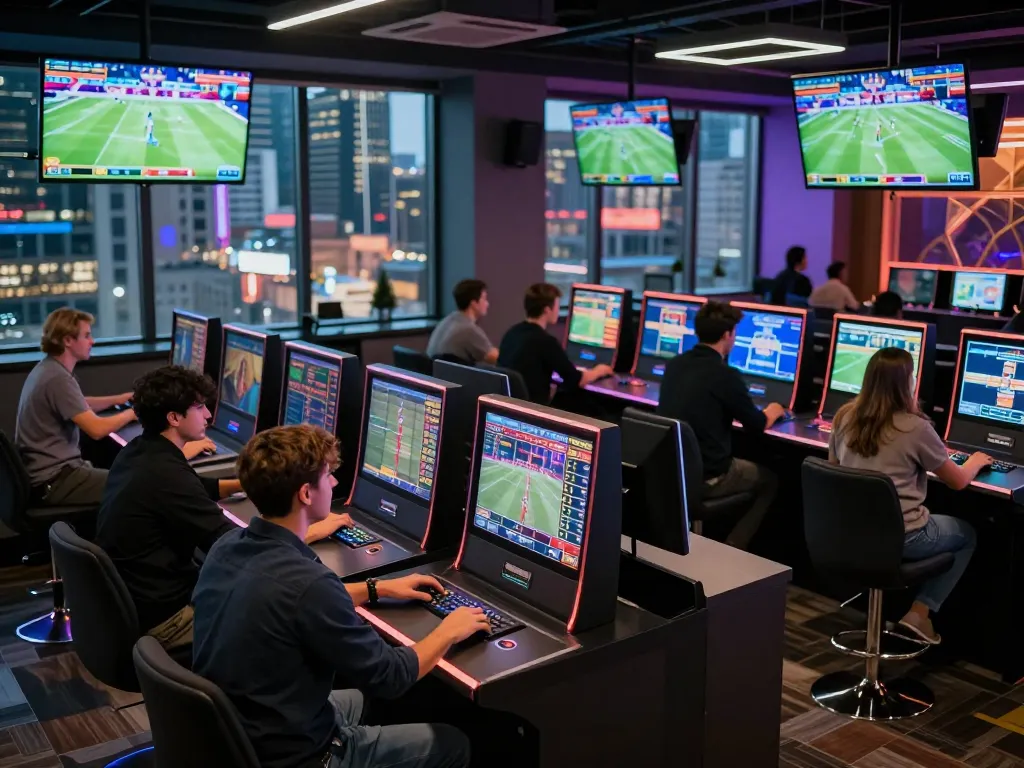 Sports fans placing bets at net88.de.com sports lounge with live event screens and excitement