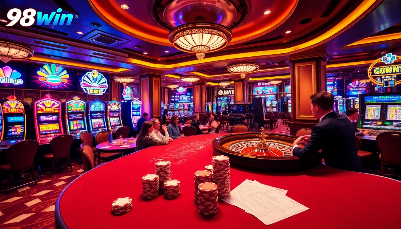 Exciting gaming at 98win casino with players engaged in poker and vibrant slot machines.