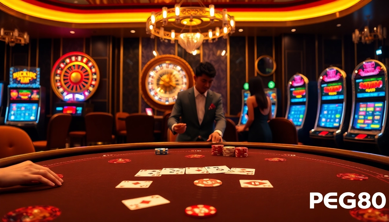 Exciting casino scene featuring PG88's vibrant poker table and glowing slot machines.