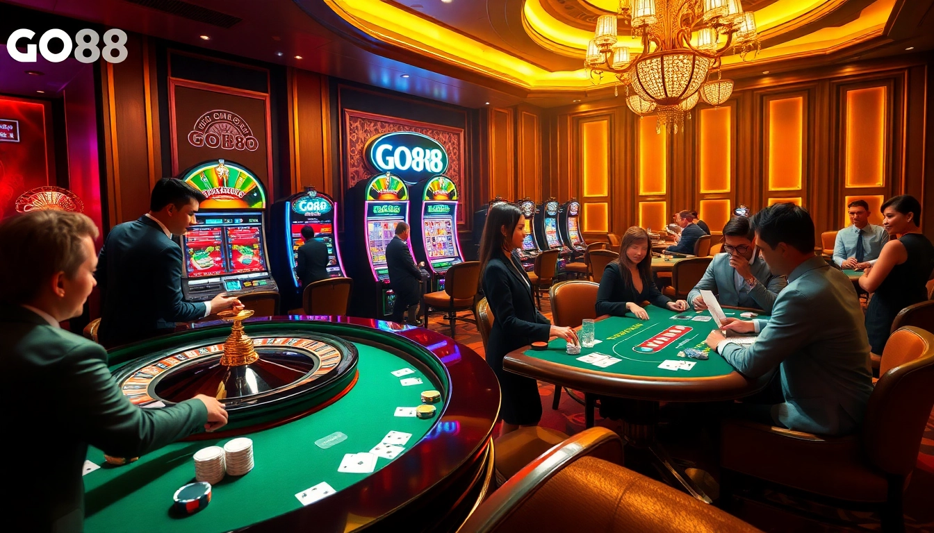 Players enjoying a high-stakes poker game at GO88 casino, surrounded by vibrant slot machines.