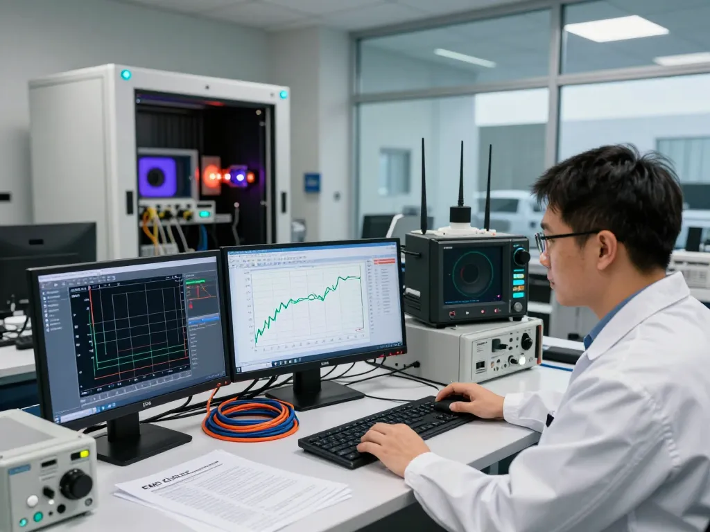 Engineers performing EMC and RF testing with VSWR measurement graphs in a high-tech lab